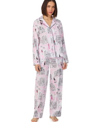 DKNY Womens Long sleeve notch top and pant sleep set in white city print - Pink - Size X-Large