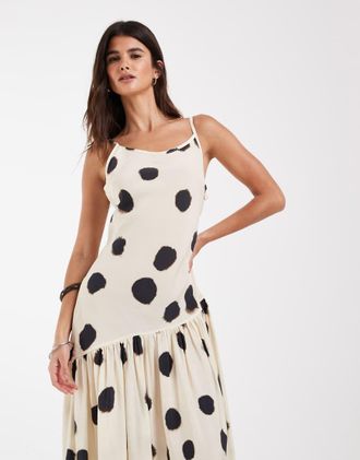 Asos vestito maxi a pois asimmetrico con vita scesa-Multicolore
