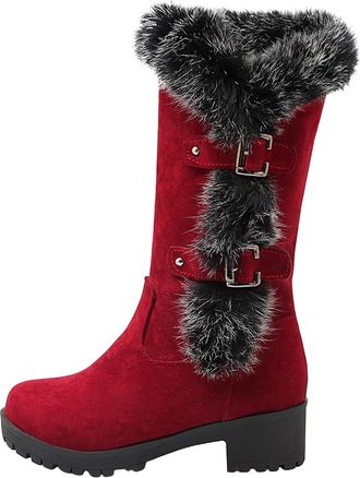 Generic Women Winter Snow Boots Warm Mid Calf Boots Anti-Slip Comfortable Lightweight Platform Down Cotton Shoes (4-Red, 2.5)