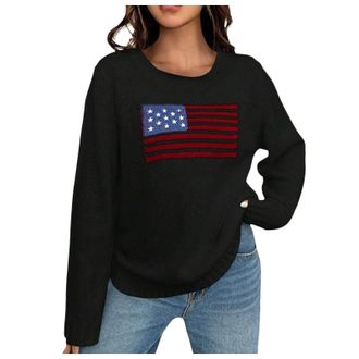 Generic Women Y2K Vintage Oversized Sweater Long Sleeve Crew Neck USA Flag Knit Pullover American Chunky Cable Preppy Knitwear Top