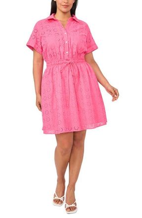 CeCe by Cynthia Steffe Short Sleeve Cotton Eyelet Shirtdress in Azalea at Nordstrom, Size 1 X