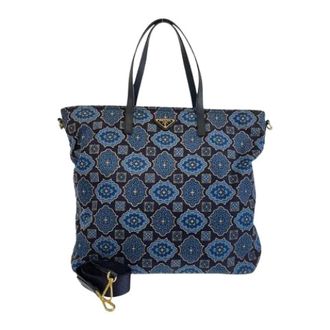 Prada Pre-owned Tote Bags, female, Blue, Size: ONE SIZE Pre-owned Nylon Leather Tessuto Logo Tote Bag
