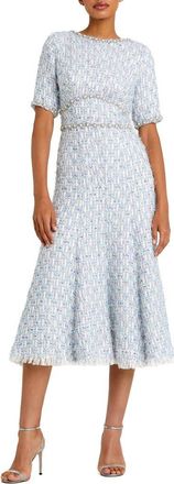 Mac Duggal Short Sleeve Beaded Trim Boucle Midi Dress in Blue Multi at Nordstrom, Size 14