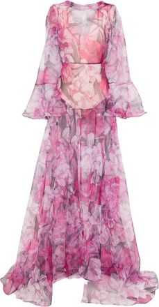 Miau by Clara Rotescu Abito a lungo fiori con ruches - Rosa