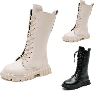 Generic White Boots Kids, Combat Boots for Girls UK, Lace Up Riding Mid Calf PU Leather Waterproof Shoes Fall Winter Side Zipper Punk Goth Boot Non Slip Round