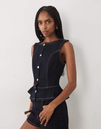 Miss Selfridge Top in denim indaco con cuciture a contrasto, bottoni e peplo-Blu