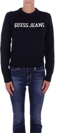 Guess Blauwe Logo Front Sweater - Dames - Ronde hals truien - Blauw - S - Katoen - Truien & Vesten