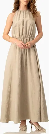 Ivonne Sleeveless Crinkle Halter Maxi Dress with Cinched Waist A-Line in Sand at Nordstrom, Size 14
