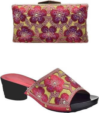 Generic Womens Shoes and Bag Set Sparkly Rhinestone Flowers Handbag Shiny Elegant Slip On Sandals for Evening Party Wedding