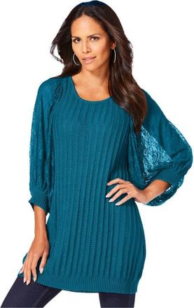 Roaman's Lace Sleeve Sweater in Deep Teal at Nordstrom, Size 16