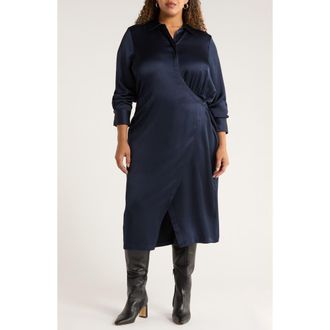 Nordstrom Long Sleeve Satin Shirtdress in Navy Night at Nordstrom Rack, Size 1X