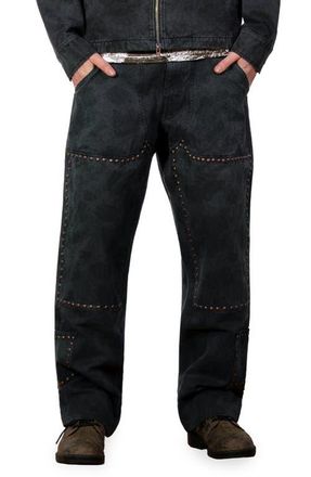 Pleasures Cowhide Print Stud Double Knee Pants in Black at Nordstrom, Size 30