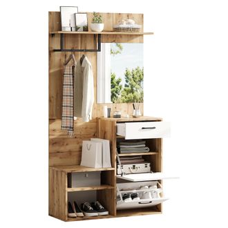 STILVORA Mueble De Entrada Con Espejo, 1 Caj&oacute;n Y 2 Zapateros Abatibles, Brillo, En Tablero De Part&iacute;culas, 100&times;38,5&times;190 Cm, Blanco Natural