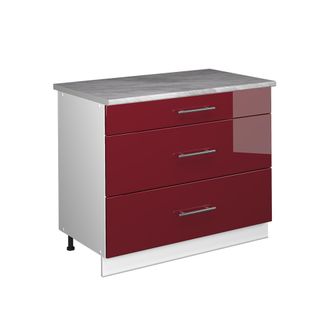 Vicco Mueble Bajo De Cocina Fame-line, Rojo Burdeos Alto Brillo/blanco, 100 Cm, Et M&aacute;rmol, Vicco
