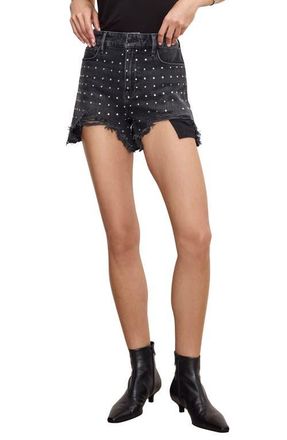 Good American Bombshell Crystal Embellished Destroyed Cutoff Denim Shorts in Black351 at Nordstrom, Size 2