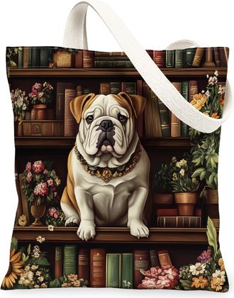Generic Spring Bulldog Dog Canvas Tote Bag for Shopping 13x15, Flower Bookshelf Puppy Reusable Grocery Print Bag for Women, Fun Pet Beach Aesthetic Painting G