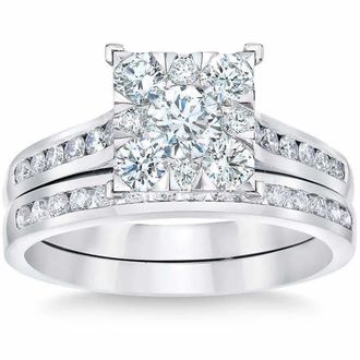 Pompeii3 1 3/4 Ct Diamond Princess Cut Framed Engagement Wedding Ring Set 10k White Gold
