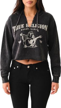 True Religion Washed Crop Hoodie in Jet Black at Nordstrom, Size Medium