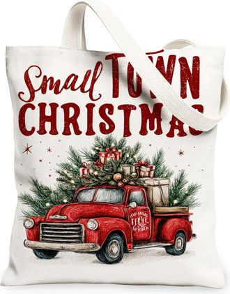 Generic Christmas Truck Canvas Tote Bags, Holiday Tree Pattern Reusable Grocery Bags, Vintage Linen Washable Shoulder Strap Canvas, White, 13x15 Inch