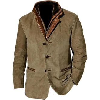 Generic Mens Button Zip Suede Jacket Olive Green with Brown Trim Outwear Casual Lightweight Faux Leather Jacket, Brown, XL