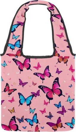 Generic Aesthetic Butterfly Reversible Canvas Shoulder Tote - Double-Sided Print, 12oz Cotton, 27cm Drop, Fold-Flat Bag for Travel, Shopping, Street Outings