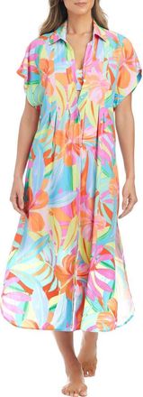 Bleu Rod Beattie Pleated Dolman Sleeve Cover-Up Shirtdress in Pink Multi at Nordstrom, Size Medium