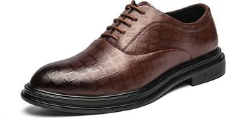Generic Oxford Formal Shoes for Men Lace Up Plaid Burnished Toe Derby Shoes Slip Resistant Block Heel Anti-Slip Low Top Wedding(Brown,9.5 UK)