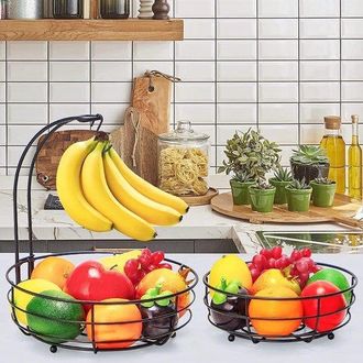 OEM Cesta De Fruta De 2 Niveles Con Soporte Para Pl&aacute;tanos, Modelo Independiente, Metal Negro, Organizaci&oacute;n De Cocina, Almacenamiento De Fruta