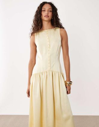 Pretty Lavish Vestito al polpaccio con vita scesa e bottoni in raso color limone-Giallo