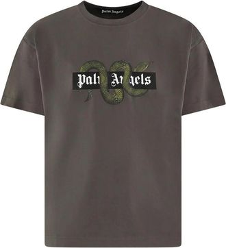Palm Angels Grey T-Shirt In Cotton With Snake And Logo