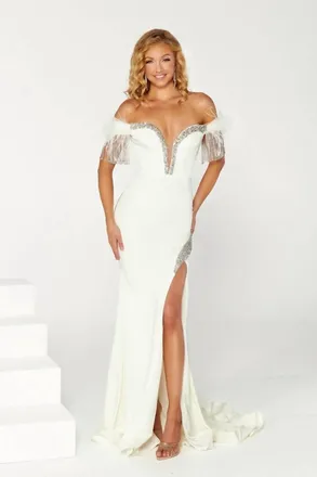 Portia & Scarlett Feather Off The Shoulder Gown In White