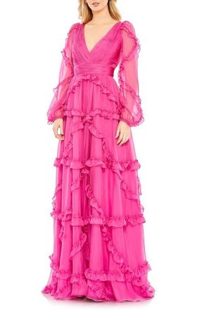 Mac Duggal Cascaded Ruffle Puff Sleeve A Line Gown in Fuchsia at Nordstrom, Size 2