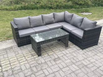 Fimous 6 Seater Rattan Corner Sofa Lounge Sofa Set With Rectangular Coffee Table Right Hand in Dark Grey
