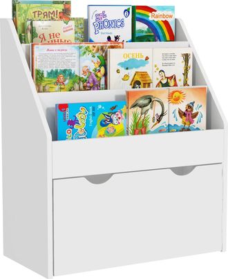 OEM Librer&iacute;a Infantil De 4 Niveles Estanter&iacute;a Para Libros Infantil Con 3 Estantes Y 1 Caj&oacute;n Con Ruedas 62,5x30x70 Cm Blanco