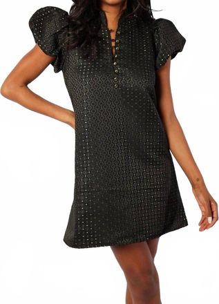 Sail to Sable Puff Sleeve Button Front Dress In Black/gold Jacquard
