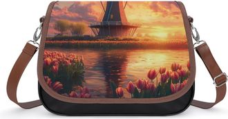 Generic Beautiful Dutch Windmill at Sunset Crossbody Bags for Women Fashion Leather Shoulder Handbags With Adjustable Strap