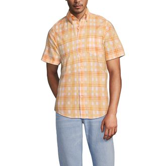Lands End Traditional Fit Short Sleeve Madras Shirt in Subtle Apricot/yellow Plaid at Nordstrom, Size Xx-Large
