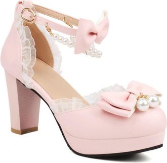 Generic Womens Platform Lolita Shoes Chunky Heel Pearl Pumps Ankle Strap Mary Jane Heels,Pink,1.5 UK