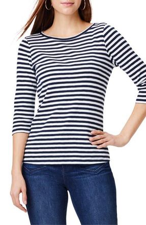 Nic+Zoe Stripe Bateau Neck Cotton Blend Top in Indigo Multi at Nordstrom, Size Petite P