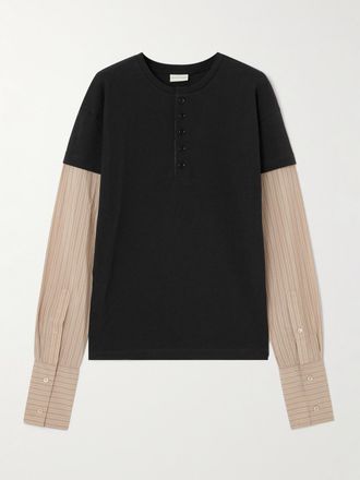 Dries Van Noten Maglia In Popeline A Righe E In Jersey Di Misto Cotone A Strati - Nero