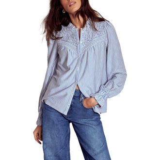 Boden Stripe Smocked Yoke Button-Up Blouse in Blue And Ivory Stripe at Nordstrom, Size 2