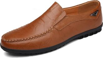 Generic Mens Loafers Shoes Cowhide Stitching Details Round Toe Slip Resistant Comfortable Flexible Prom Party Slip-on(8.5 UK) Red Brown