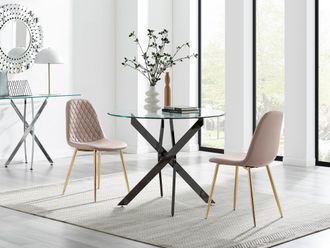 Furniturebox Novara 100cm Round Black Leg Dining Table & 2 Corona Gold Chairs in Beige