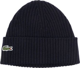 Lacoste logo-patch ribbed-knit beanie - unisex - Wool - One Size - Blue