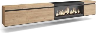 Skraut Home Mueble tv efecto madera roble y negro 288x35x45 chimenea efecto fuego
