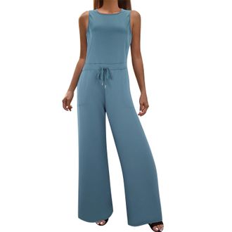 Generic Womens Long Jumpsuit Elegant Summer Sleeveless V-Neck Jumpsuit Trouser Suit Romper Wide Leg Playsuit with Belt Plain Casual Dungarees Stretch Trouser 