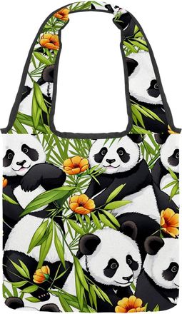 Generic Cute Panda Pattern Reversible Canvas Shoulder Tote - Double-Sided Print, 12oz Cotton, 27cm Drop, Fold-Flat Bag for Travel, Shopping, Street Outings