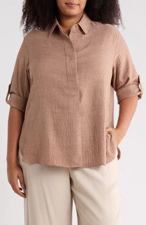 Max Studio Roll Tab Sleeve Shirt in Heather Mushroom at Nordstrom Rack, Size 1X