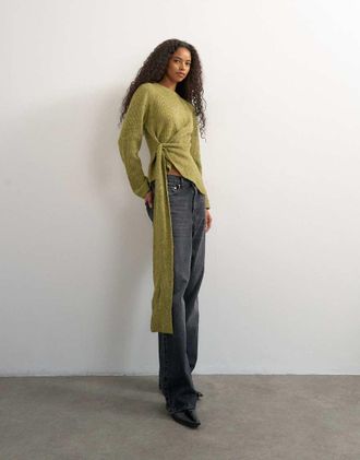 Topshop maglione lavorato a maglia con laccetti laterali in lana verde oliva-Neutro