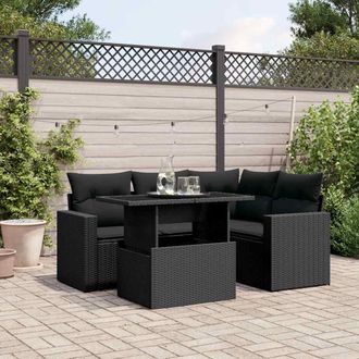 vidaXL Set De Muebles De Jard&iacute;n 5 Pzas Y Cojines Rat&aacute;n Sint&eacute;tico Negro Vidaxl